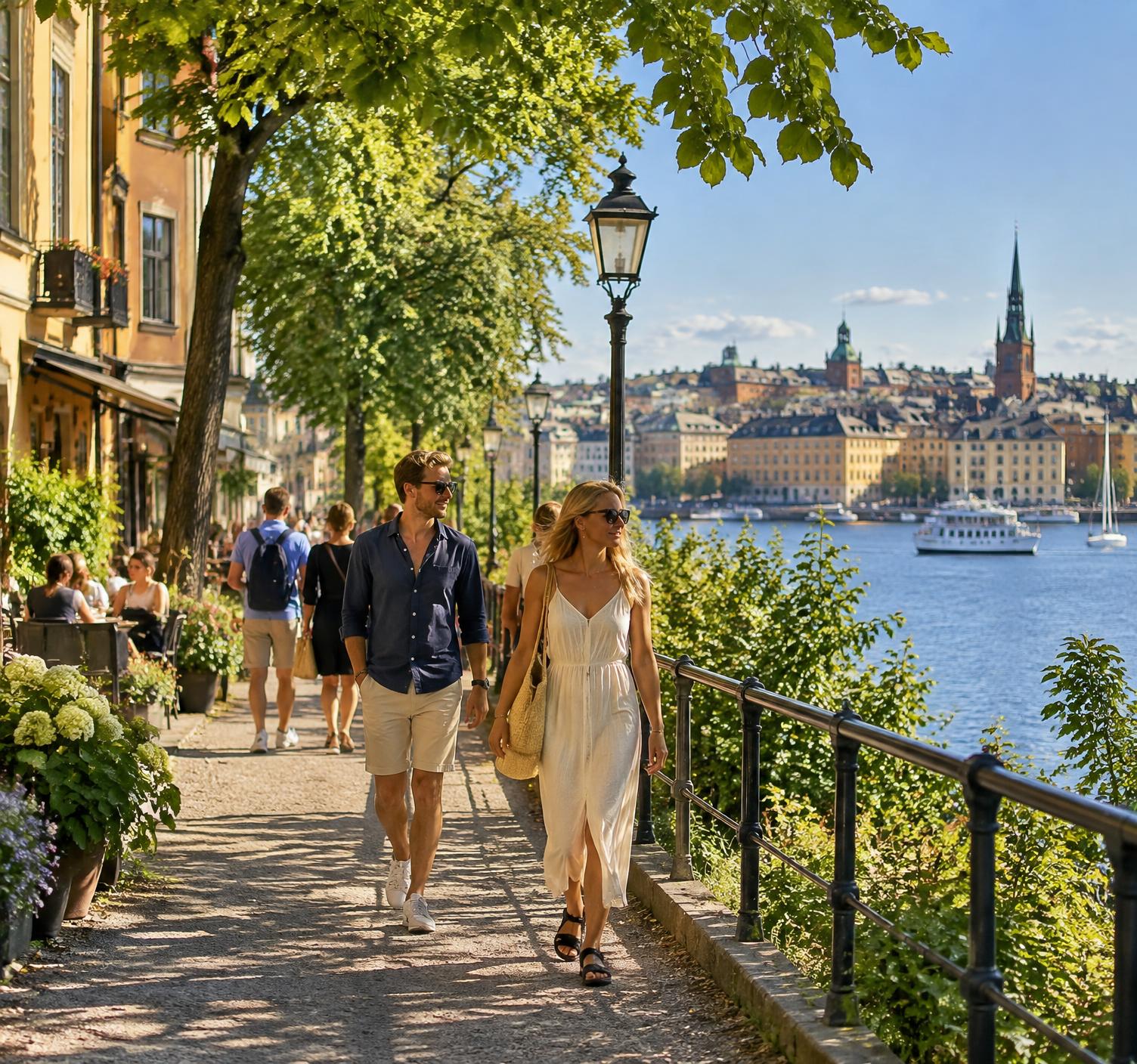 People walking along the Södermalm waterfront