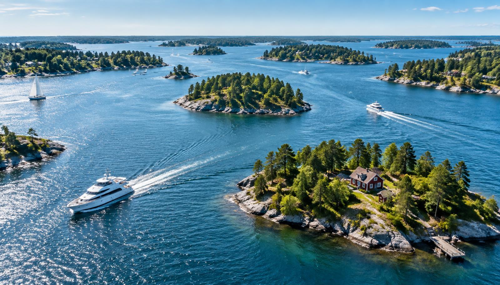 Boats among the islands of the Stockholm archipelago